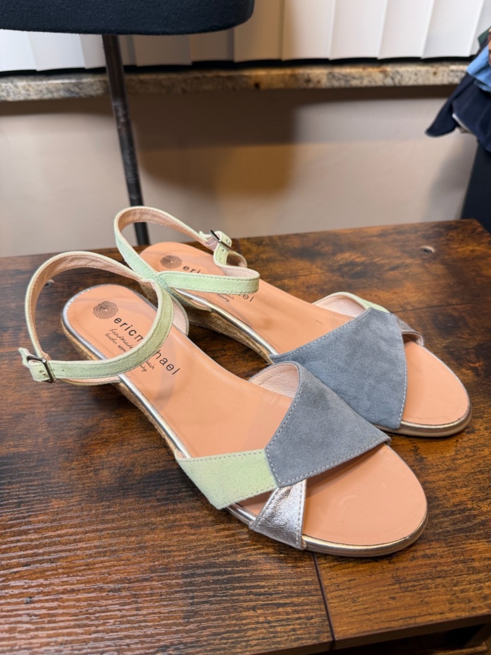 Eric Michael wedge sandals handmade leather buckled ankle strap SZ 40/US9.5-10